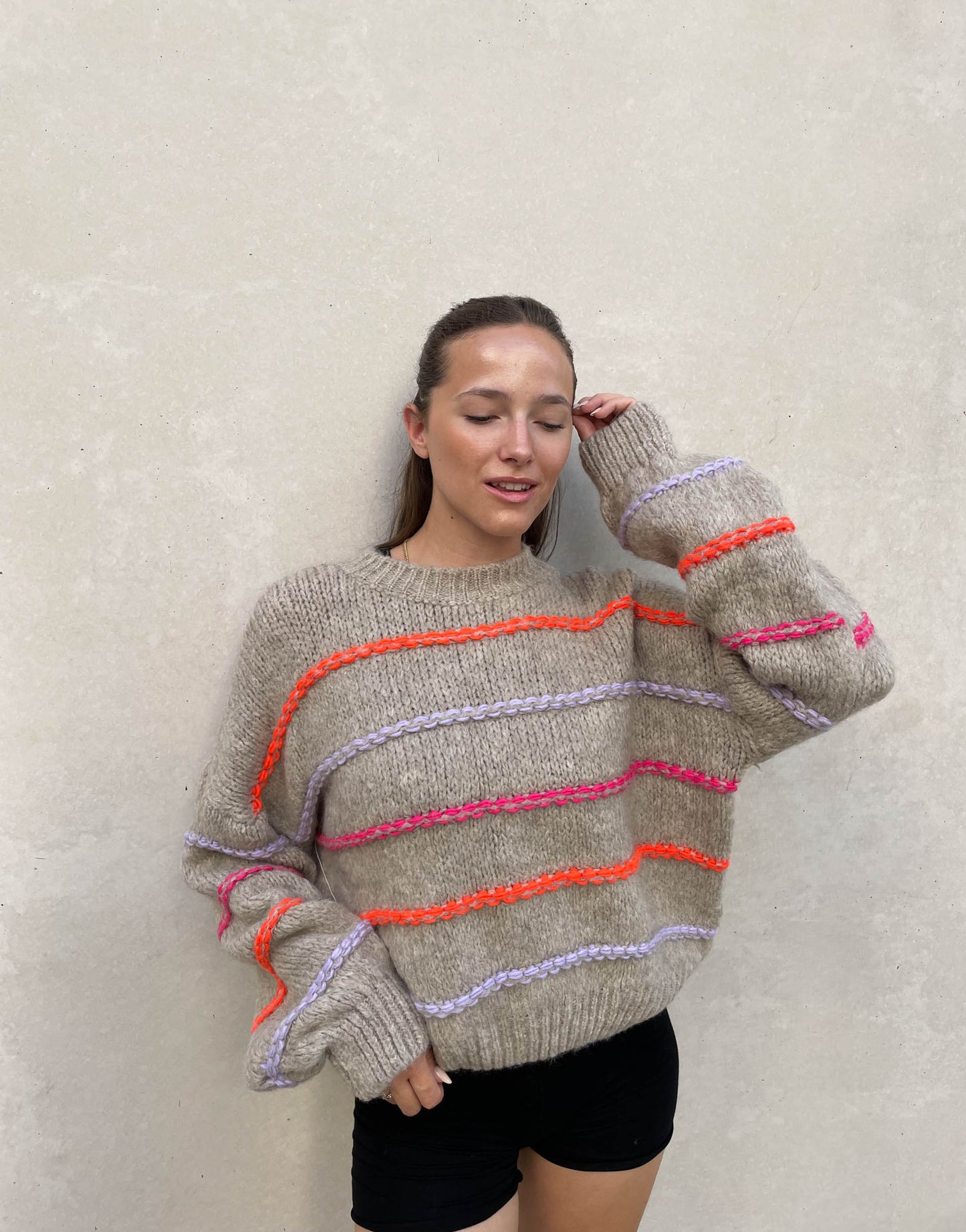Oversized Knit Sweater Streetwave With Neon Stitch Embellishments For Bold Winter Outfits