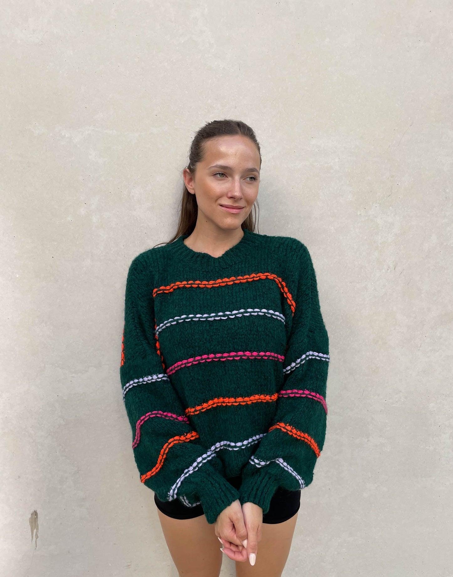 Oversized Knit Sweater Streetwave With Neon Stitch Embellishments For Bold Winter Outfits
