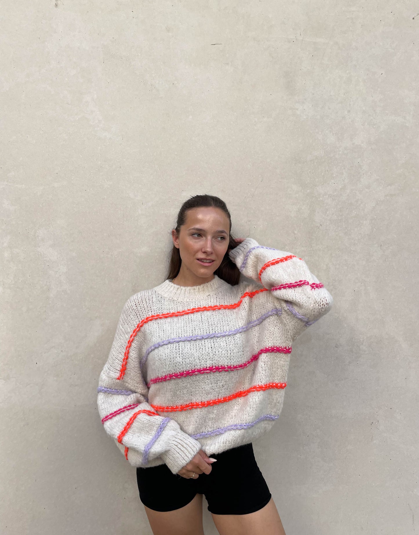Oversized Knit Sweater Streetwave With Neon Stitch Embellishments For Bold Winter Outfits