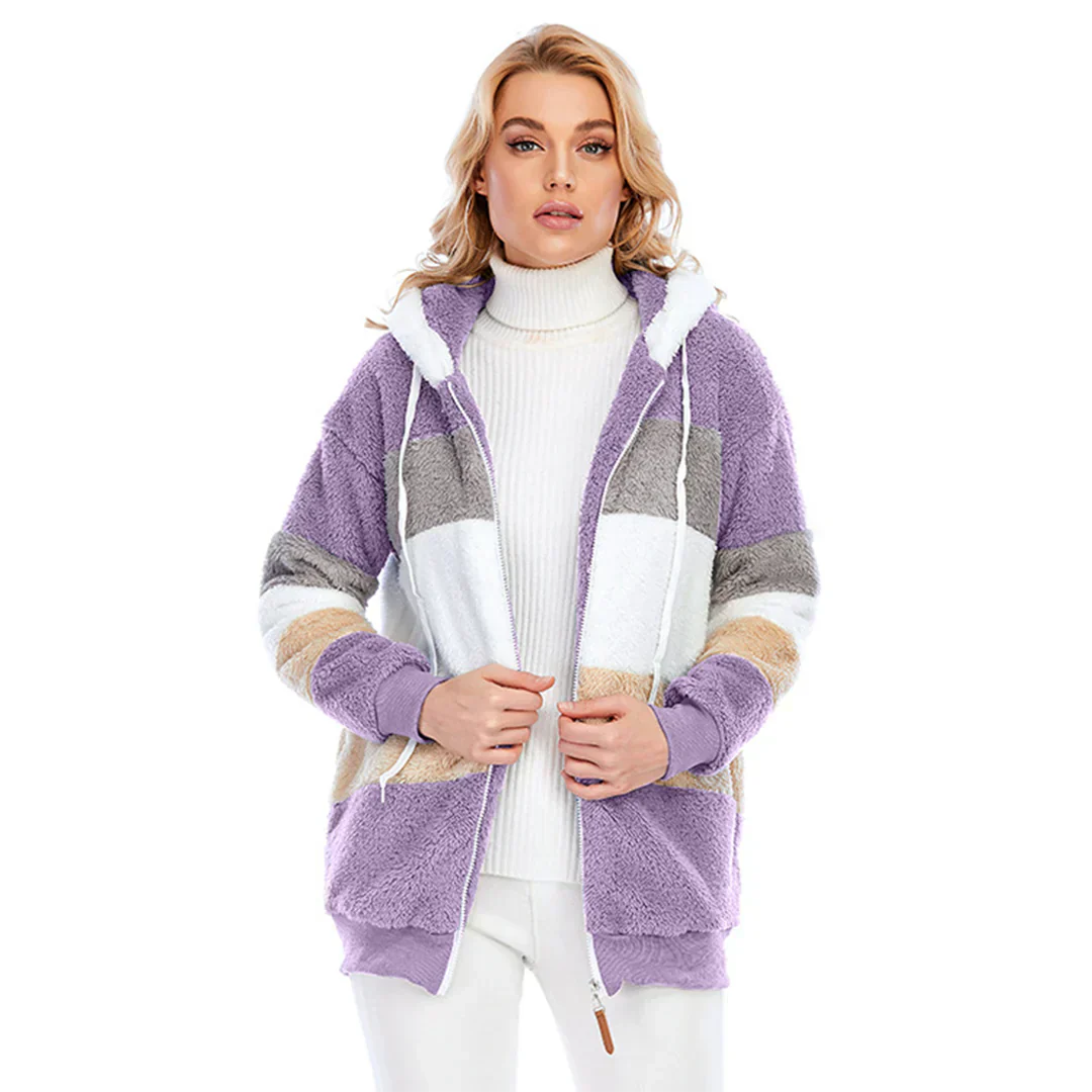 Street-Wave Women Fleece Jacket Cozy Soft Warm Hooded Zip Up Color Block Design For Everyday Wear