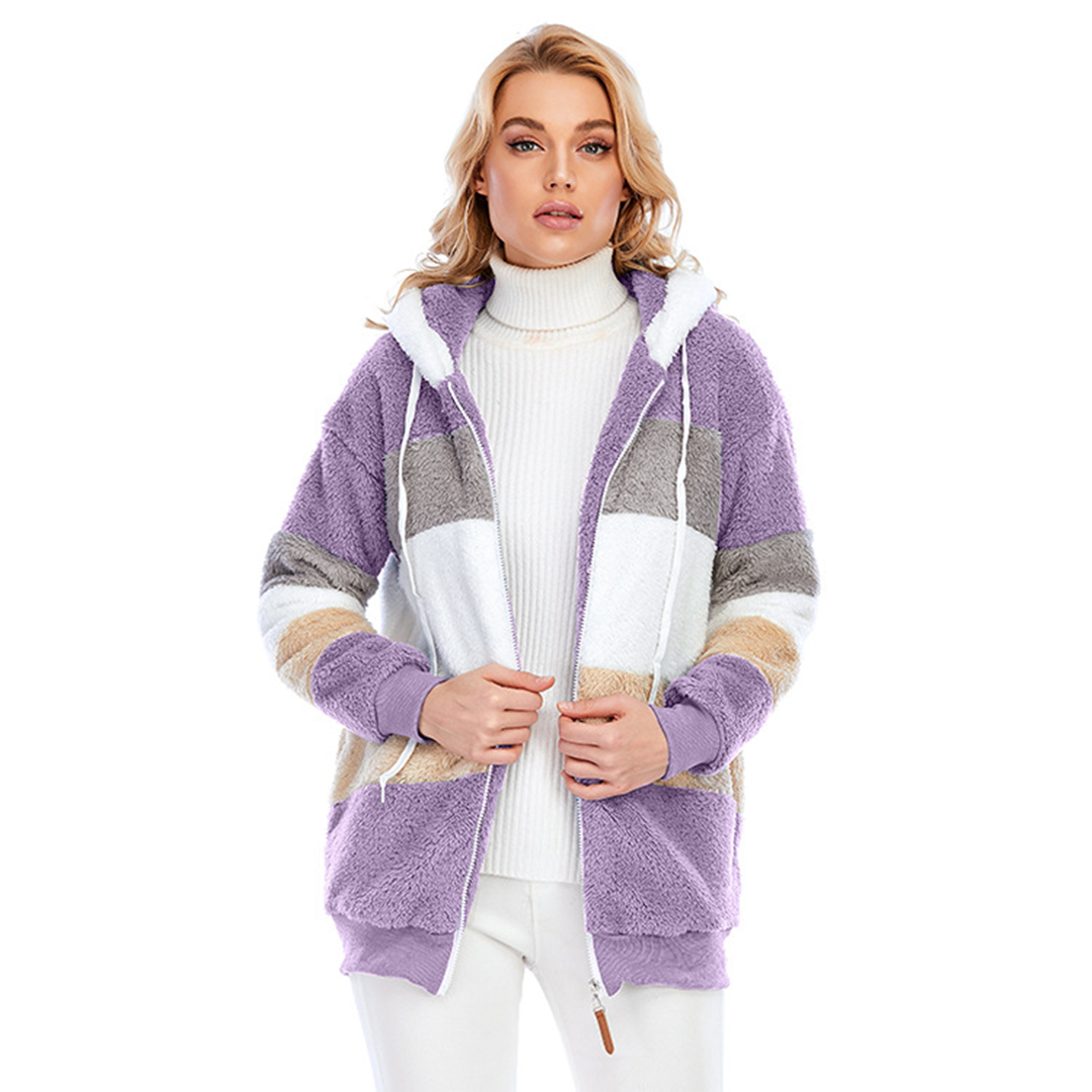 Street Wave Fuzzy Color Block Jacket for Women Cozy Warm Zip Up Hooded Fleece Coat