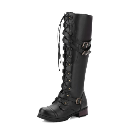 Street-wave Waterproof Knee High Boots for Women with Round Toe and Lace Up Buckle Straps Stylish
