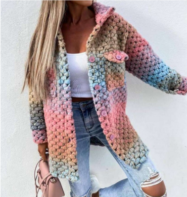 Street-wave Multicolor Braided Knit Winter Coat For Women - Warmth, Cozy Comfort, Bold Color Block Style