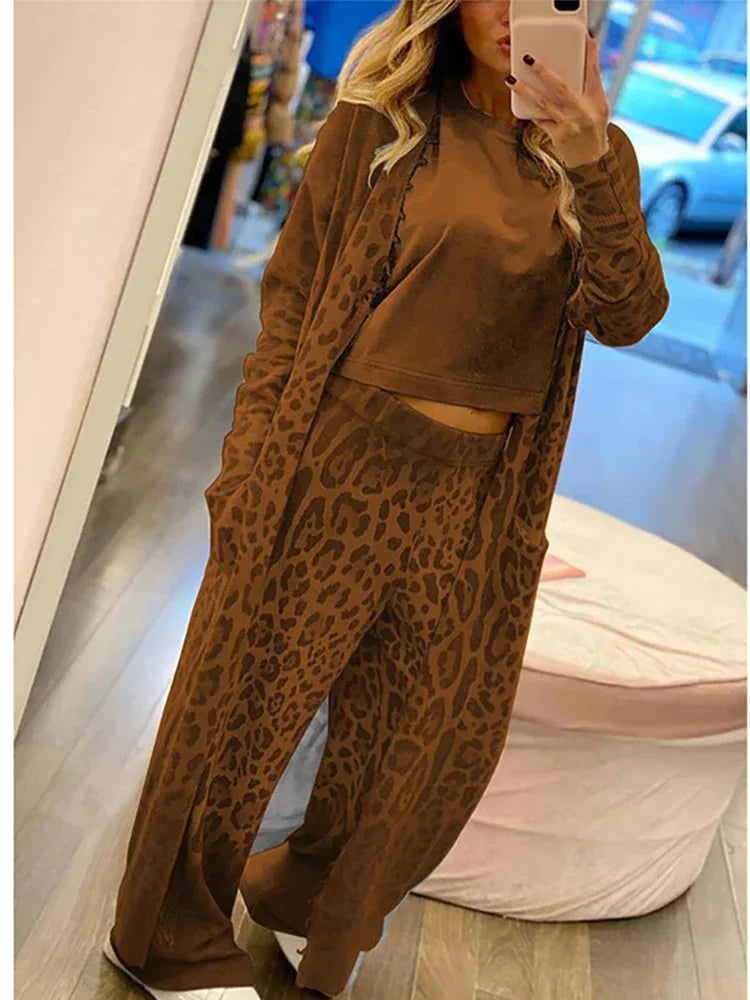 Street Wave Leopard Print Cardigan And Wide Leg Pants Set For Confident Women Bold Sexy Comfortable Fashion