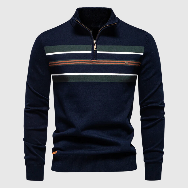 Street-wave Mens Zip Knitted Pullover Striped Design Versatile Modern Sweater For Everyday Wear
