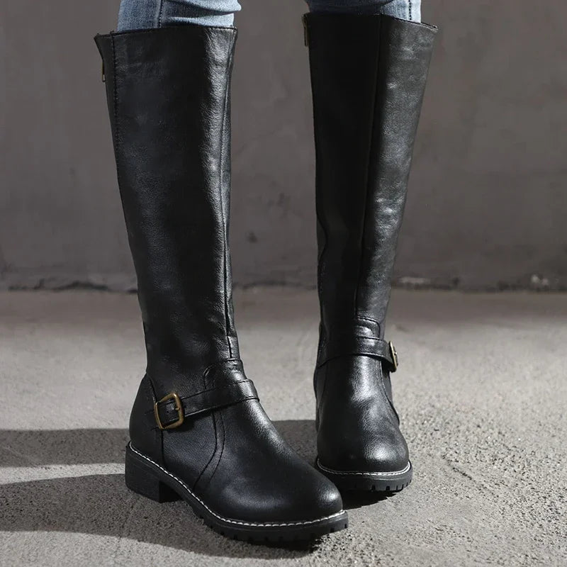Street-wave Knee High Boots For Women With Buckle Detail Leather-Look Upper Sleek Slim Fit All-Day Comfort
