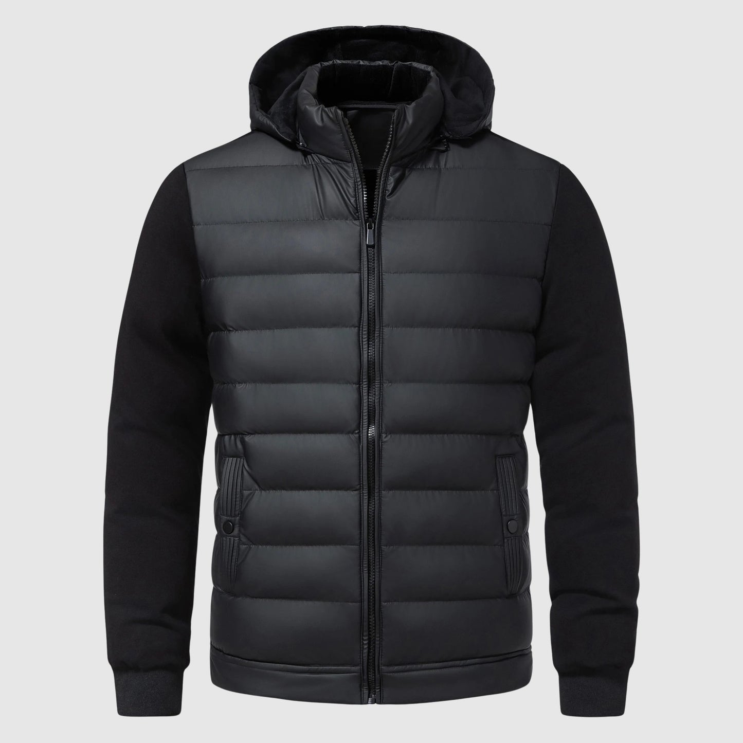 Street-Wave Two Tone Gray Puffer Hooded Mens Jacket With Quilted Insulation And Soft Black Sleeves