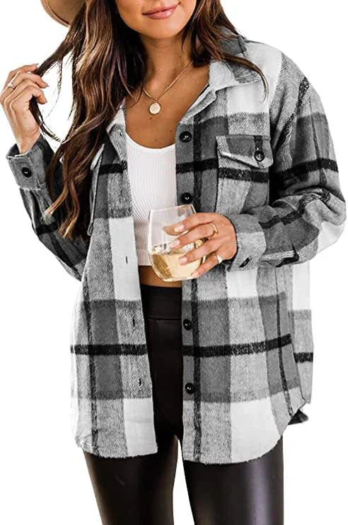 Street-wave Timeless Plaid Shirt Jacket for Women, Warm Cozy Checkered Long-Sleeve Outerwear