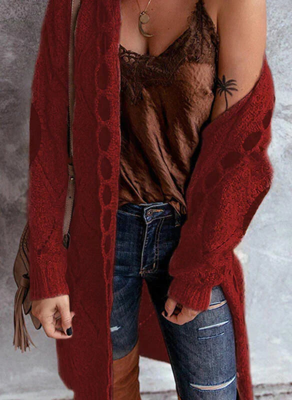 Street-wave Oversized Knit Cardigan For Women With Openwork Detailing And Cozy Warmth