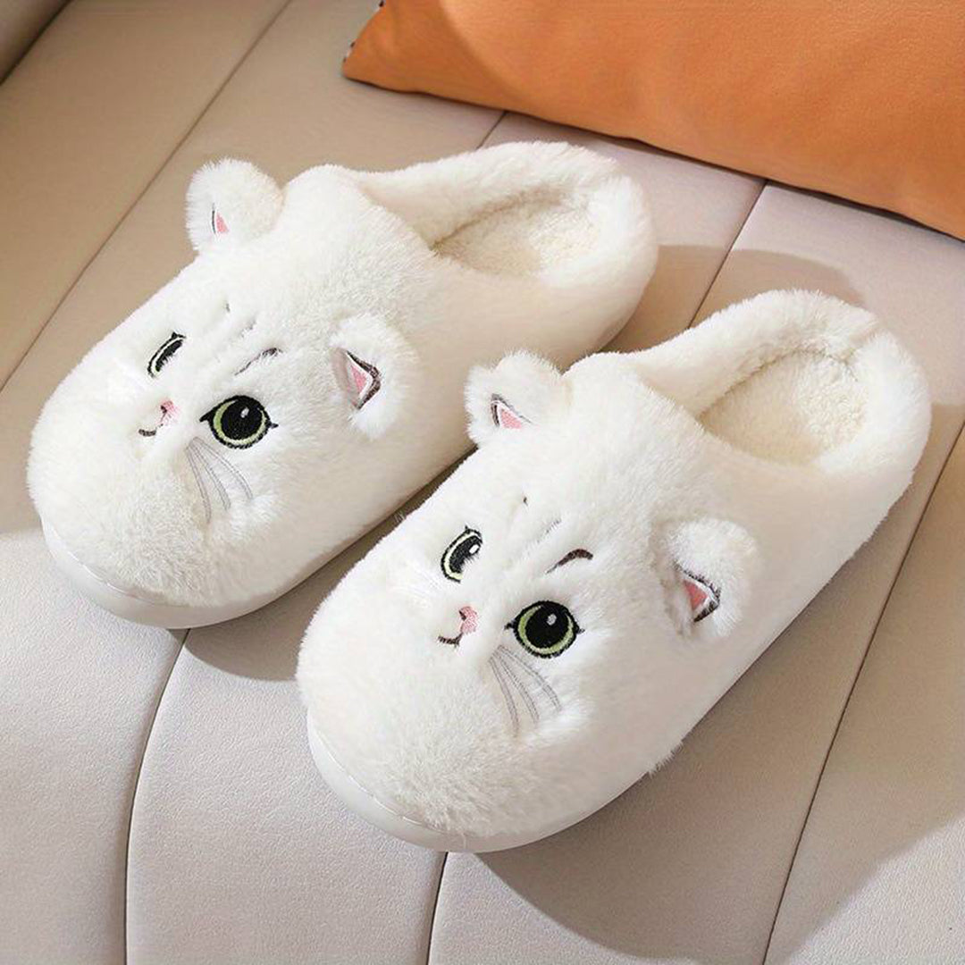 Street-Wave Soft Plush Cat Slippers For Women Cozy Warm Indoor Shoes Cute Face Design
