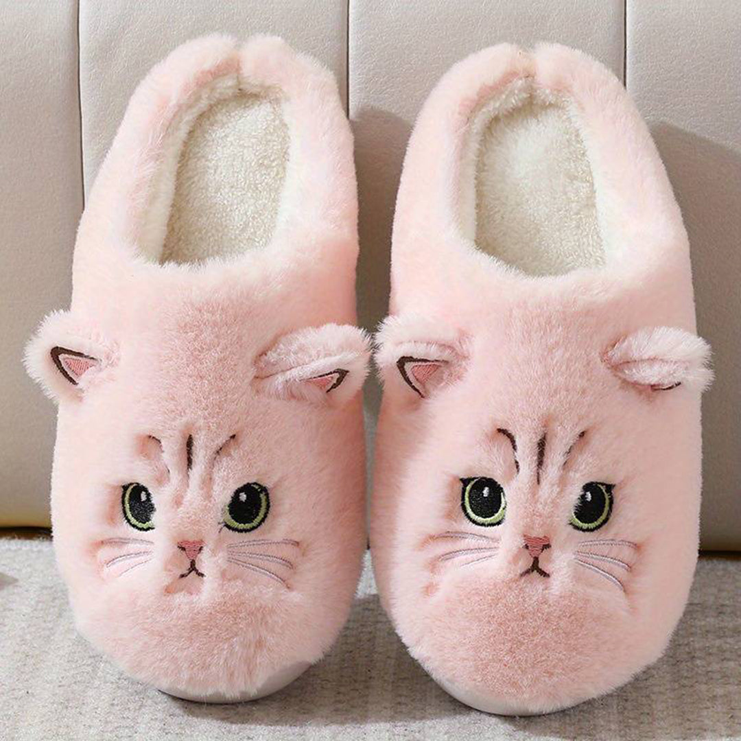Street-Wave Soft Plush Cat Slippers For Women Cozy Warm Indoor Shoes Cute Face Design