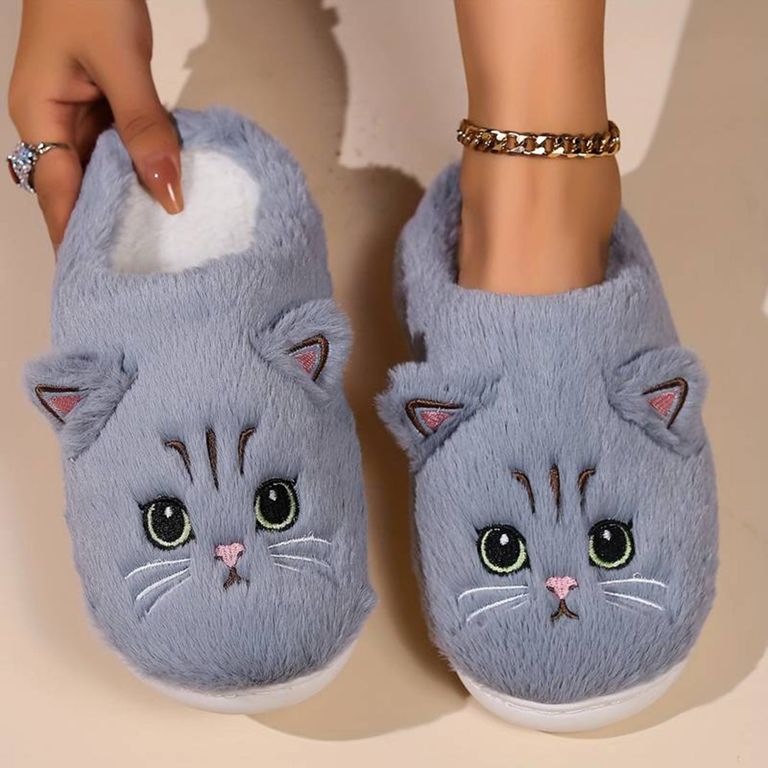 Street-Wave Soft Plush Cat Slippers For Women Cozy Warm Indoor Shoes Cute Face Design