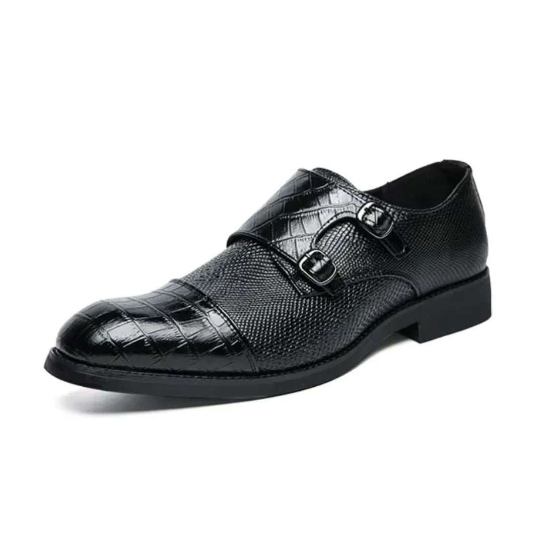 Rafe Astor Monk Strap Shoes Bold Design With Faux Reptile Texture Blue Panel Accents And Intricate Woven Detailing For Statement Style