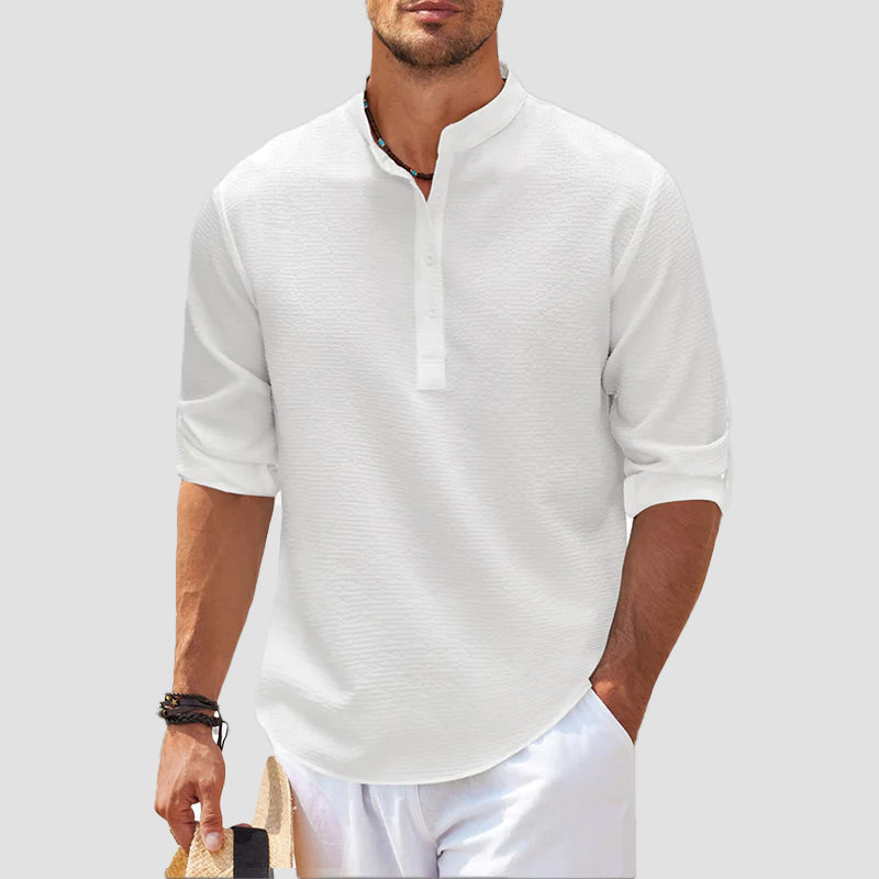 Mens Relaxed Fit Henley Shirt With Striped Band Collar Button Placket And Roll Tab Sleeves