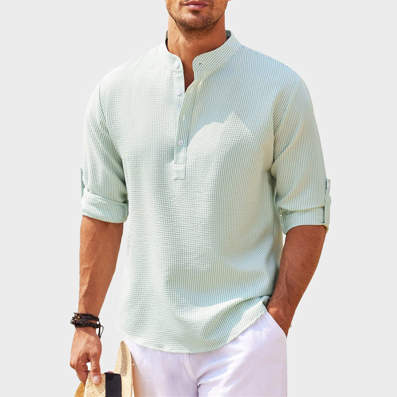 Mens Relaxed Fit Henley Shirt With Striped Band Collar Button Placket And Roll Tab Sleeves