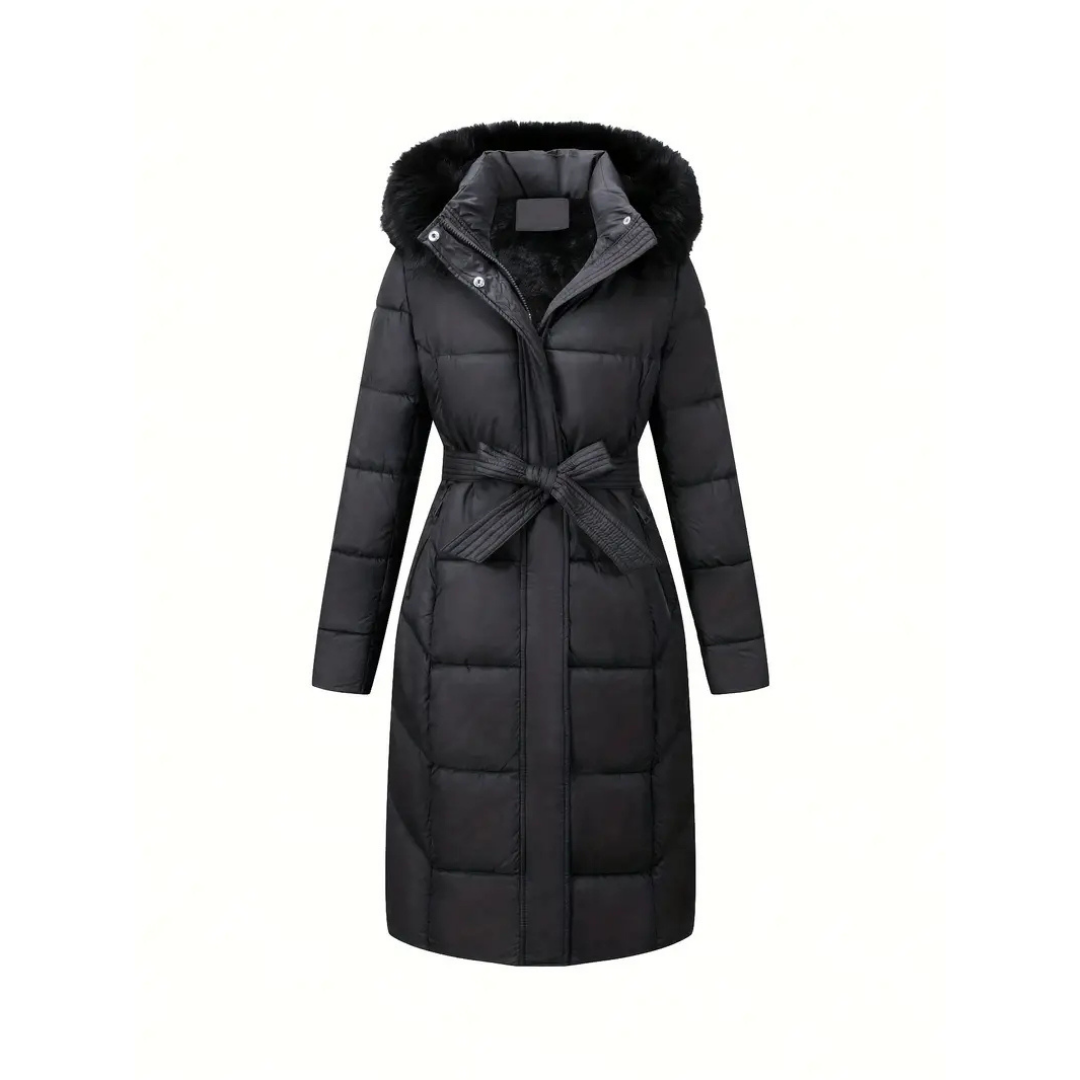 Street Wave Womens Black Puffer Coat With Faux Fur Hood Belted Winter Jacket For Cold Weather