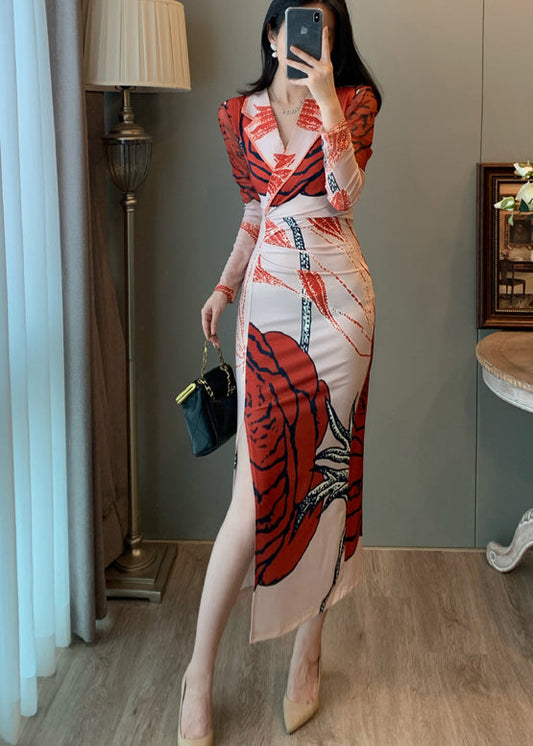 Robe portefeuille en tulle imprimé rouge, ouverture sur le côté, été - Street-Wave