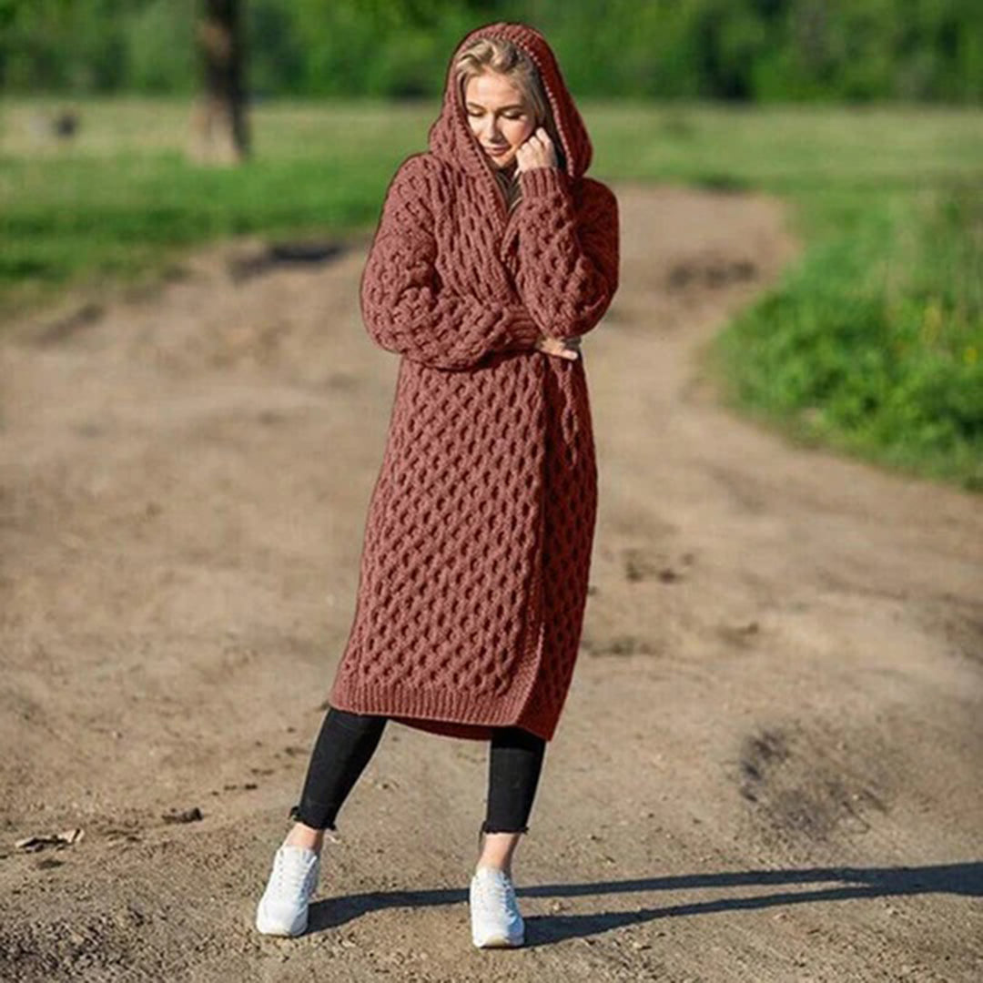 Street-wave Cozy Hooded Knit Cardigan For Women With Thick Textured Knit And Long Warm Fit
