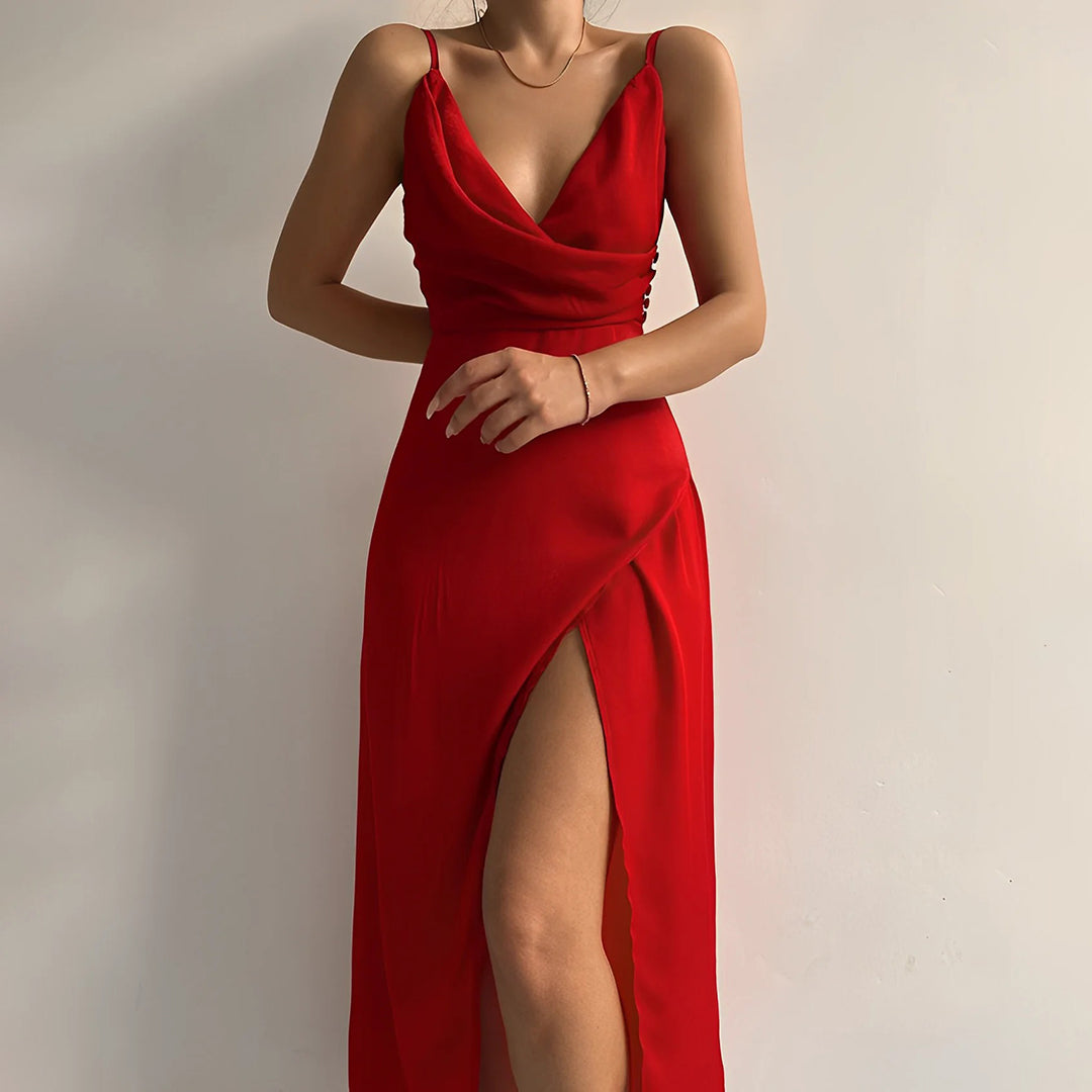 Street-Wave Satin V-Neck Long Evening Dress For Women Slim Fit High Slit