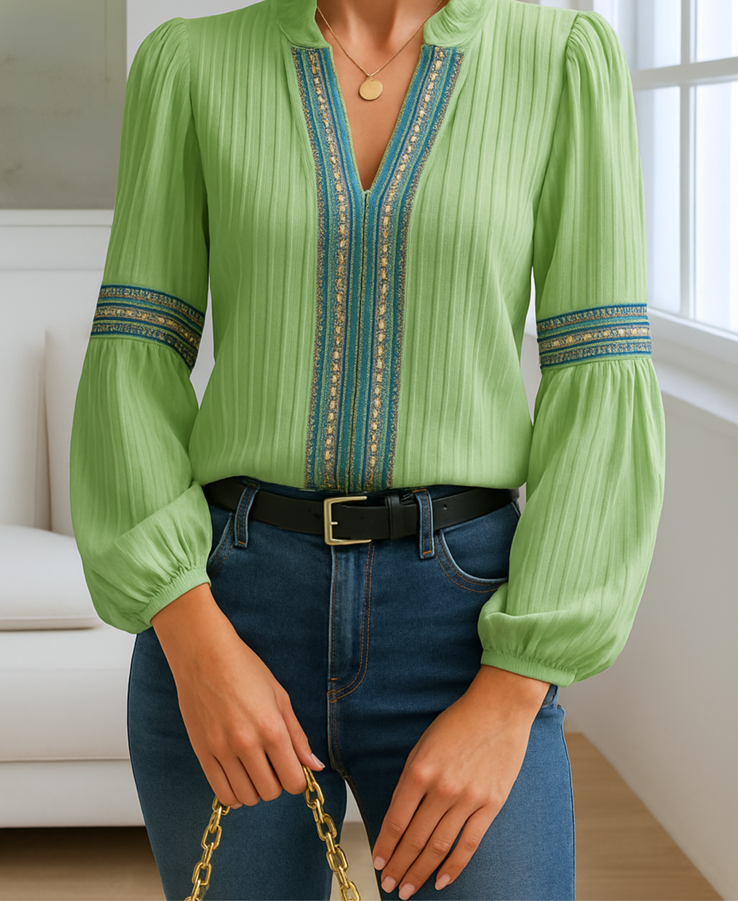 Women's Vintage V-Neck Blouse with Classic Design and Timeless Appeal