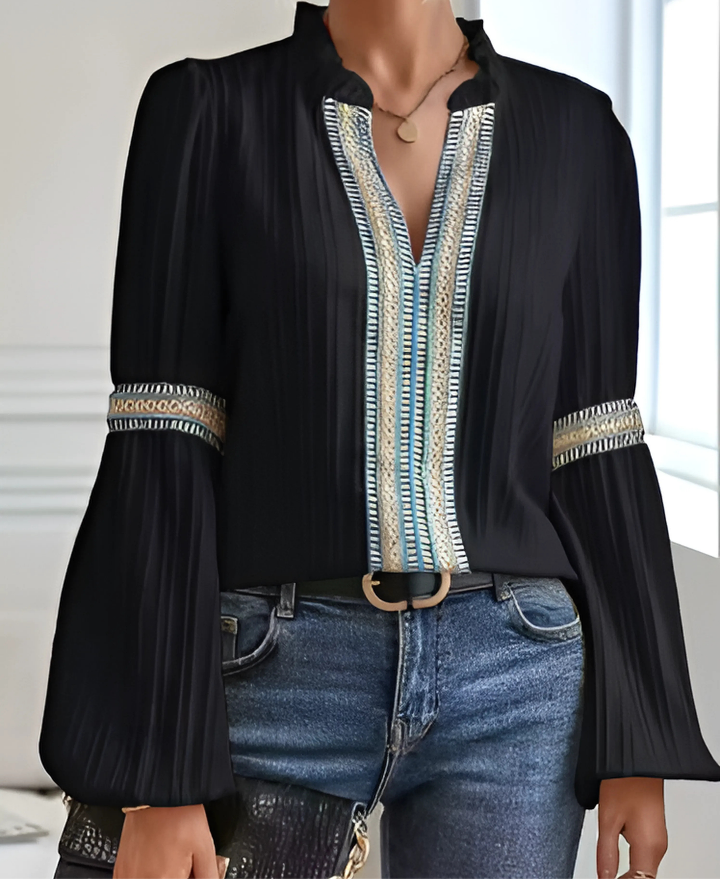Women's Vintage V-Neck Blouse with Classic Design and Timeless Appeal
