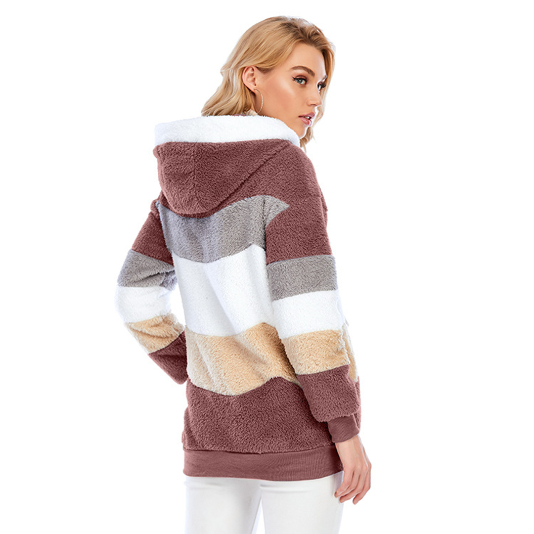 Street Wave Fuzzy Color Block Jacket for Women Cozy Warm Zip Up Hooded Fleece Coat