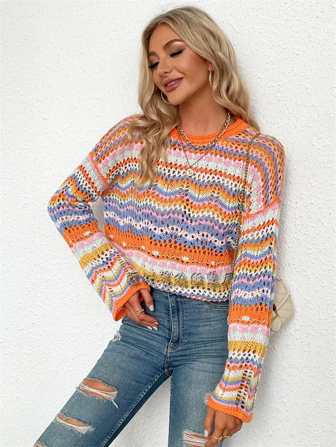 Street-wave Knit Pullover For Women Trendy Colorful Loose Fit Lightweight Sweater With All Day Comfort