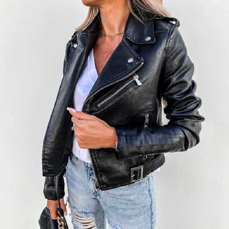 Street Wave Women's Leather Biker Jacket With Lapel Collar Edgy Yet Versatile Fashion Statement