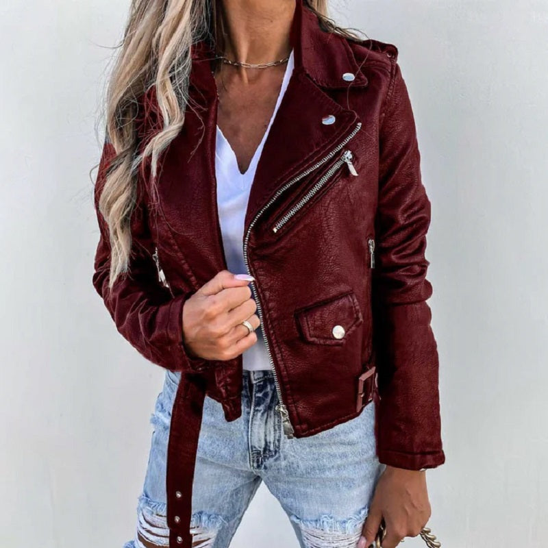 Street Wave Women's Leather Biker Jacket With Lapel Collar Edgy Yet Versatile Fashion Statement