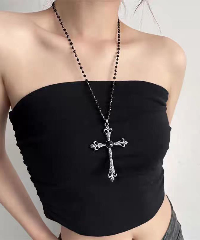 Collier rétro en alliage noir avec perles en zircon et croix graduée - Street-Wave