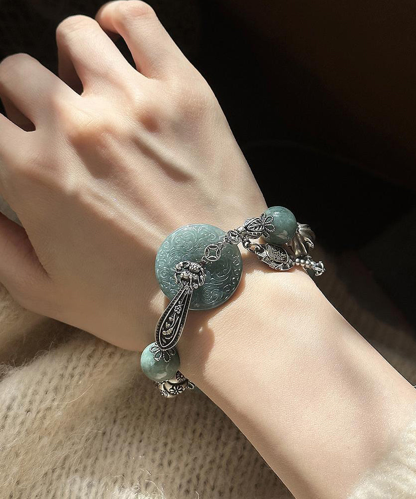 Bracelet à breloques papillon en argent sterling vert noirâtre rétro avec jade - Street-Wave