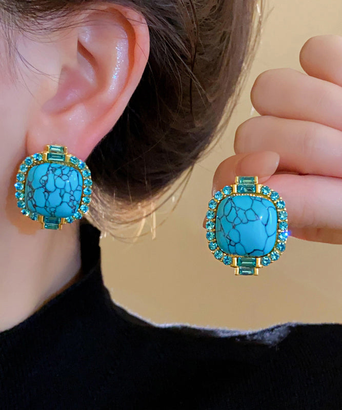 Boucles d'oreilles à tige rétro en alliage bleu incrusté de zircons turquoise - Street-Wave