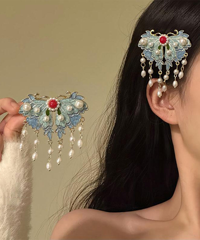 Épingle à cheveux papillon en alliage bleu rétro avec perles émaillées - Street-Wave
