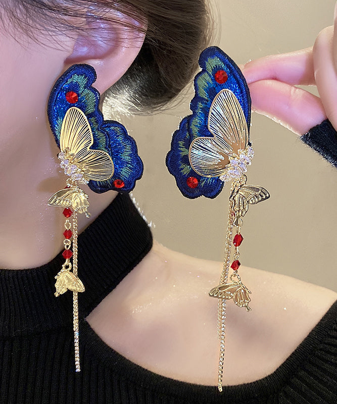 Boucles d'oreilles pendantes rétro en argent sterling bleu, alliage de zircon, tissu brodé de papillons et pompons - Street-Wave