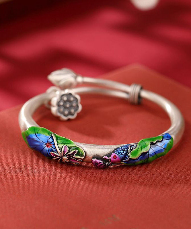 Manchette rétro en argent sterling cloisonné bleu avec motif de carpe de lotus - Street-Wave