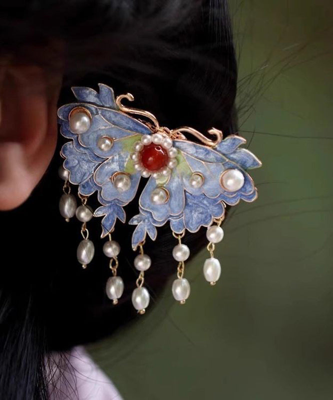 Épingle à cheveux rétro en argent sterling avec perles bleues et pompon en forme de papillon - Street-Wave