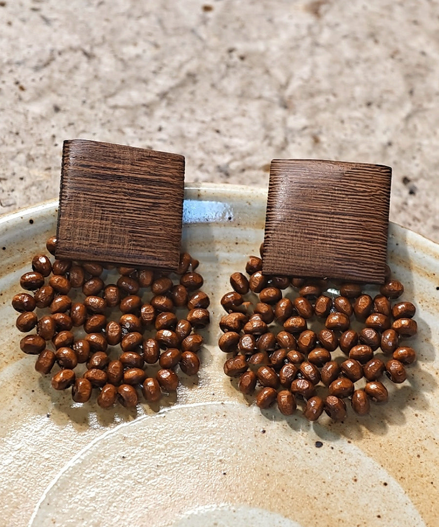 Boucles d'oreilles à tige en bois tressé style rétro chocolat - Street-Wave