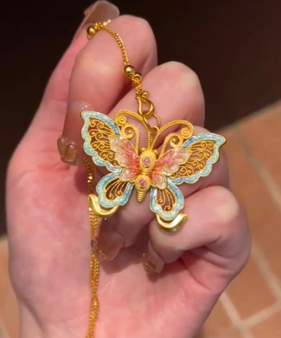 Collier pendentif papillon en émail doré rétro ancien - Street-Wave