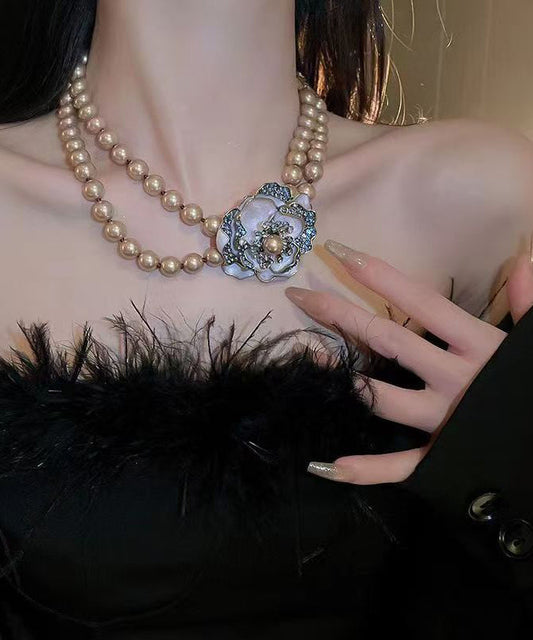 Collier princesse floral rétro en alliage de cuivre doré et zircon à double couche de perles - Street-Wave