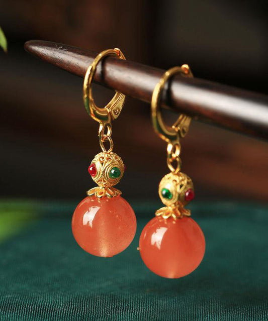 Boucles d'oreilles pendantes rétro en argent sterling doré, zircon et agate, forme calebasse - Street-Wave
