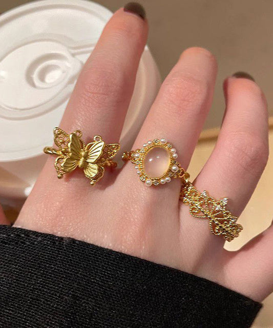 Ensemble de trois bagues rétro en argent sterling doré avec zircons ajourés en forme de papillon - Street-Wave