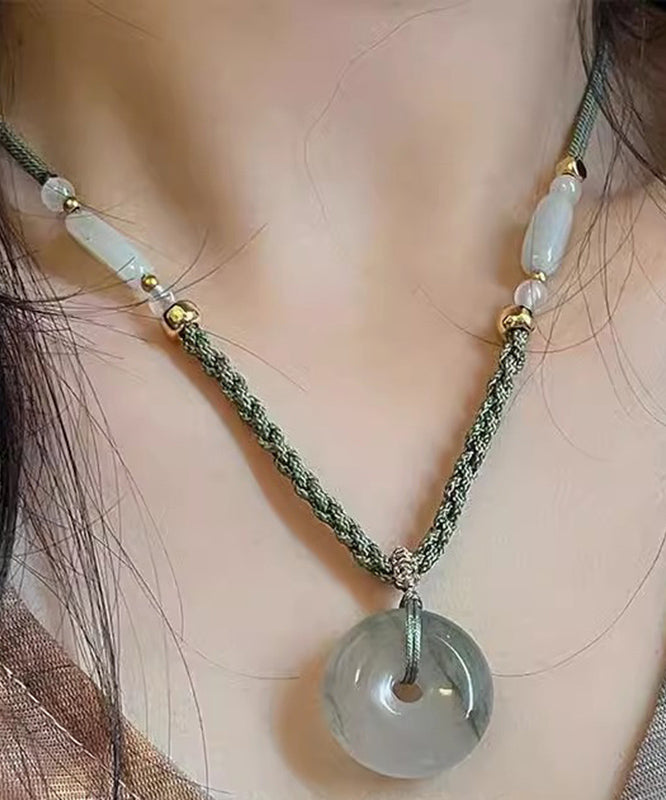 Collier pendentif boucle Ping An en jade tissé vert rétro - Street-Wave