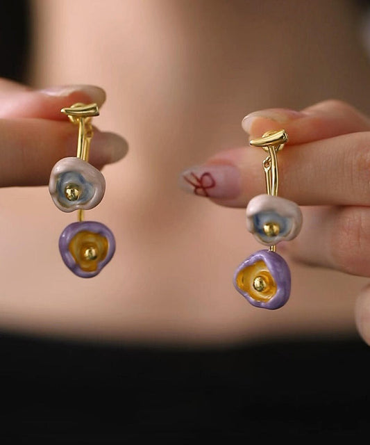 Boucles d'oreilles pendantes rétro multicolores en cuivre doré et émail floral - Street-Wave