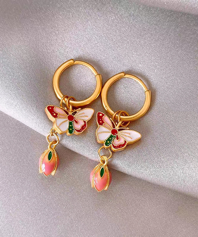 Boucles d'oreilles à tige rétro en alliage de cuivre et émail, motif papillon et fleurs arc-en-ciel - Street-Wave