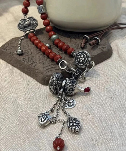 Collier rétro en argent sterling rouge avec pendentif à pampilles et cadenas Calabash Ruyi - Street-Wave