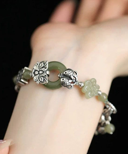 Bracelet à breloques rétro en argent sterling et soie, jade et fleur de lotus - Street-Wave