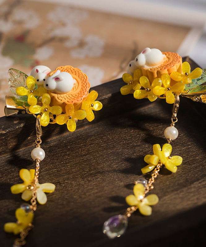 Épingle à cheveux rétro en cuivre jaune surdoré avec perle colorée en résine émaillée et pompon pour enfants - Street-Wave