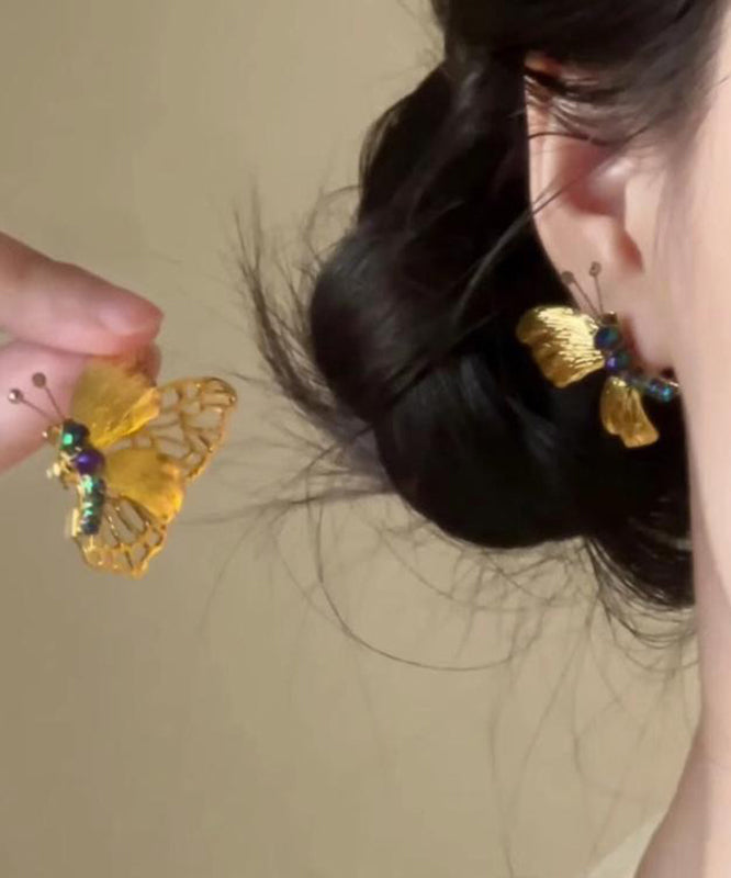Boucles d'oreilles à tige rétro en argent sterling jaune avec perles papillon surdorées - Street-Wave