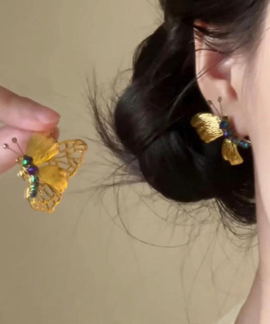 Boucles d'oreilles à tige rétro en argent sterling jaune avec perles papillon surdorées - Street-Wave