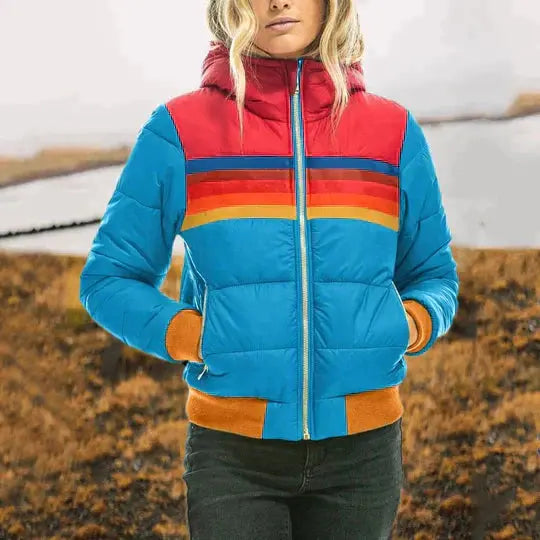 Retro Color Block Puffer Jacket Women Street-Wave Stylish Quilted Warmth